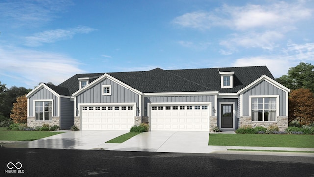 view of front facade featuring board and batten siding, concrete driveway, and stone siding