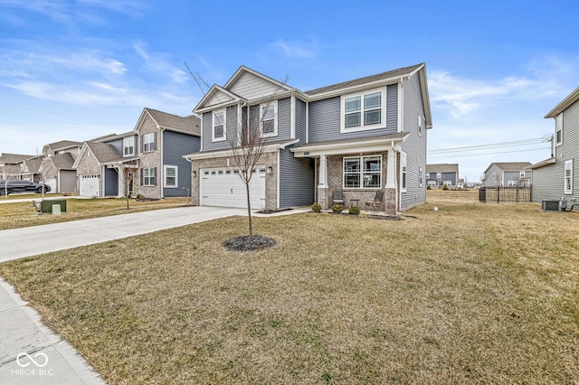 view of front facade featuring driveway, a residential view, an attached garage, fence, and a front lawn