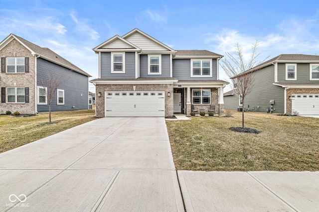 craftsman-style house with a garage, brick siding, driveway, and a front lawn