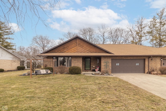 mid-century home featuring roof with shingles, concrete driveway, a front yard, an attached garage, and brick siding