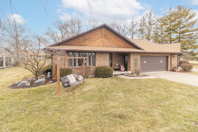 mid-century inspired home featuring brick siding, an attached garage, concrete driveway, and a front yard