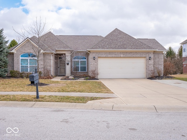 ranch-style house with a garage, roof with shingles, concrete driveway, and brick siding