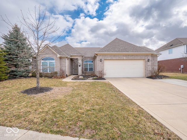 ranch-style home with an attached garage, brick siding, a shingled roof, concrete driveway, and a front lawn