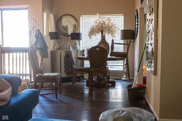 dining area featuring baseboards and hardwood / wood-style flooring