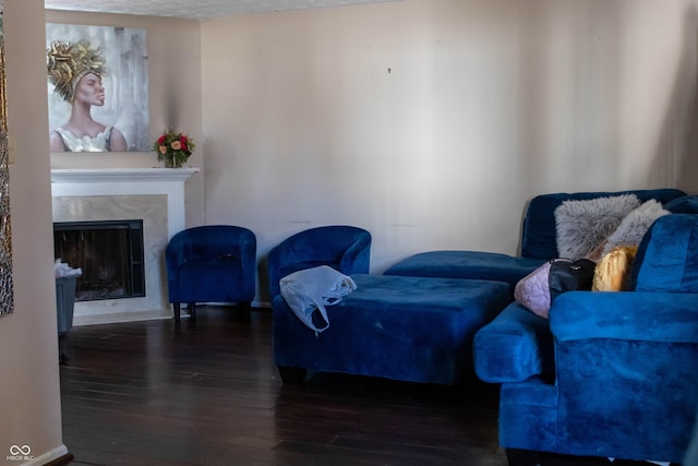 living area featuring a premium fireplace, baseboards, and wood finished floors