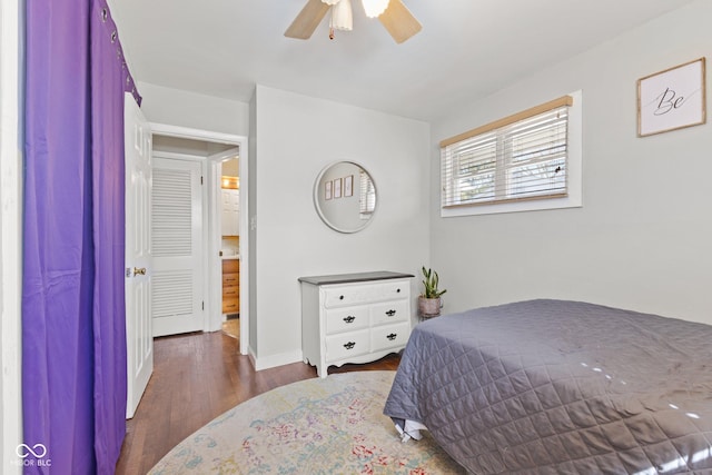 bedroom with a ceiling fan and wood finished floors