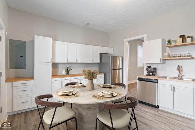 569 N Tacoma Ave, Indianapolis, IN 46201 - kitchen featuring a sink, electric panel, stainless steel appliances, light wood-style floors, and white cabinets