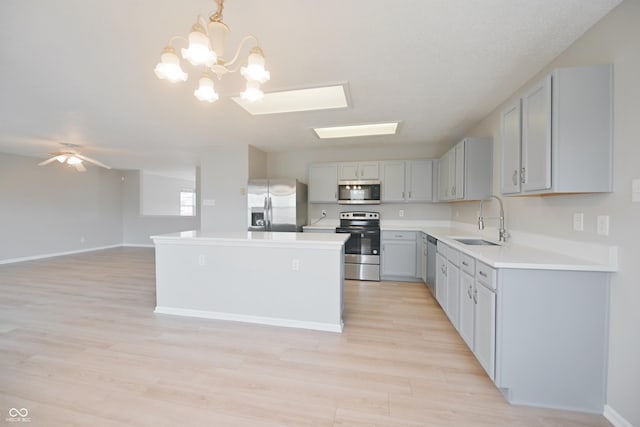 kitchen with ceiling fan, appliances with stainless steel finishes, open floor plan, gray cabinets, and a sink