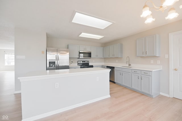 kitchen with a center island, stainless steel appliances, light countertops, light wood-style floors, and a sink