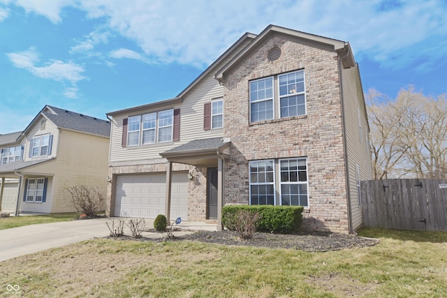 traditional-style house with a garage, brick siding, fence, concrete driveway, and a front lawn