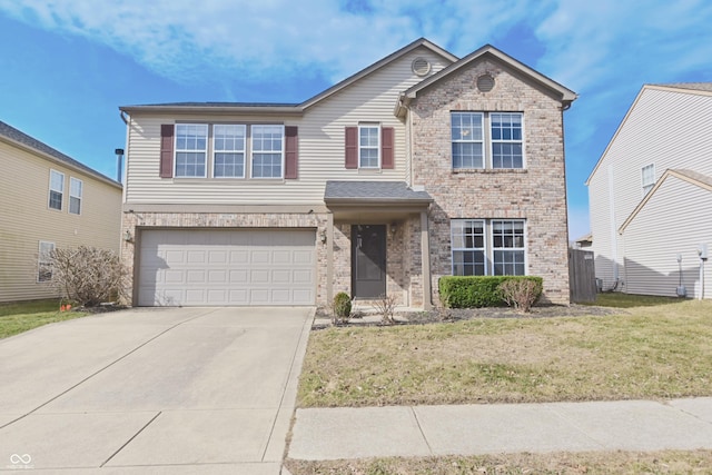 traditional-style house with concrete driveway, brick siding, an attached garage, and a front lawn