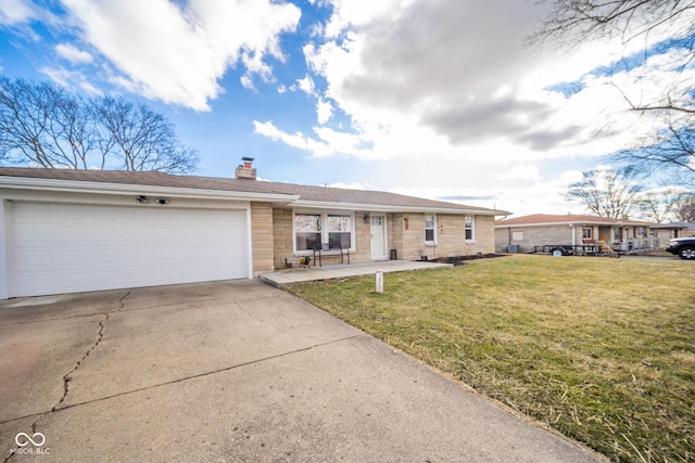 single story home with a garage, a chimney, concrete driveway, and a front yard