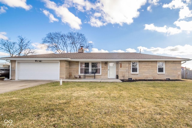 ranch-style house with a garage, stone siding, driveway, and a front lawn