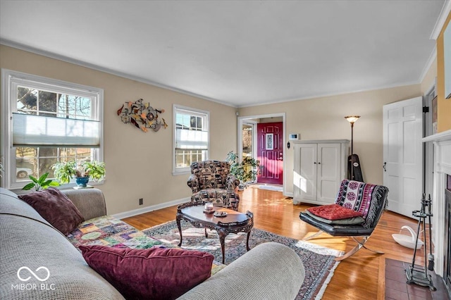 living room featuring a fireplace with flush hearth, crown molding, baseboards, and wood finished floors