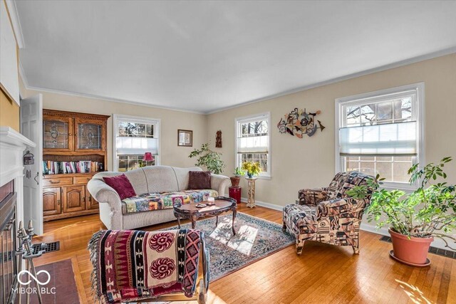 living room featuring wood finished floors, a fireplace, baseboards, and ornamental molding