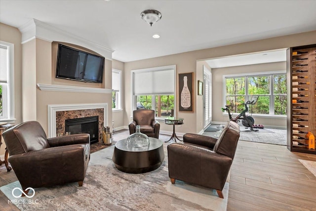 681 Greenford Trl N, Carmel, IN 46032 - living area featuring wood finished floors, a high end fireplace, and recessed lighting