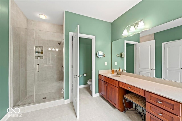 681 Greenford Trl N, Carmel, IN 46032 - bathroom with a stall shower, vanity, and tile patterned flooring