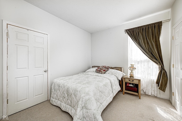 bedroom with light carpet