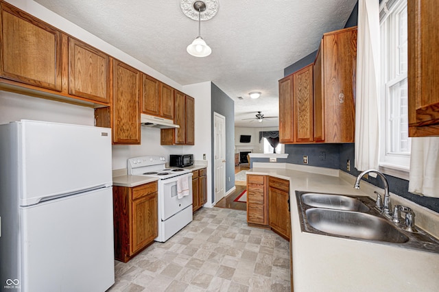 kitchen featuring ceiling fan, under cabinet range hood, brown cabinetry, white appliances, and a sink