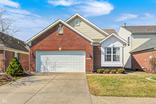 view of front of property with concrete driveway, an attached garage, brick siding, and a front lawn