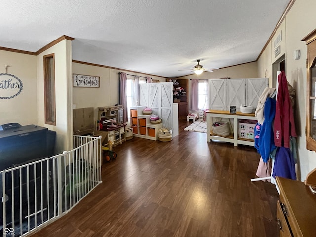 foyer entrance with a textured ceiling, crown molding, a ceiling fan, and wood finished floors