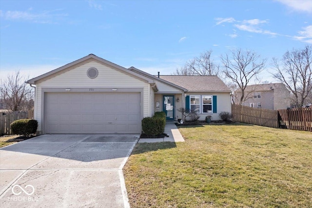 ranch-style house featuring an attached garage, concrete driveway, a front yard, and fence