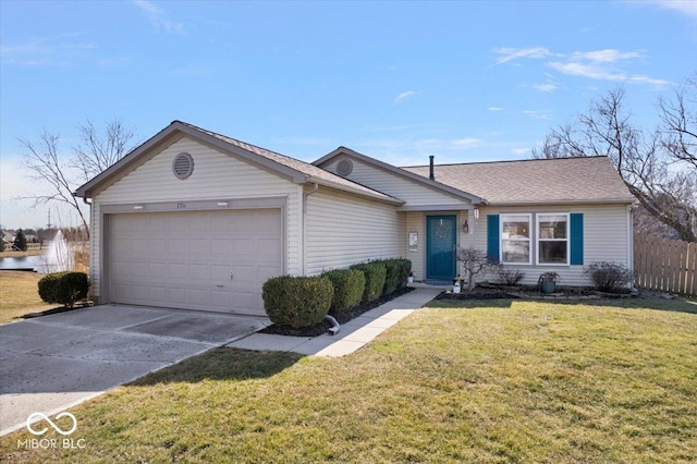 ranch-style home featuring concrete driveway, an attached garage, fence, and a front lawn