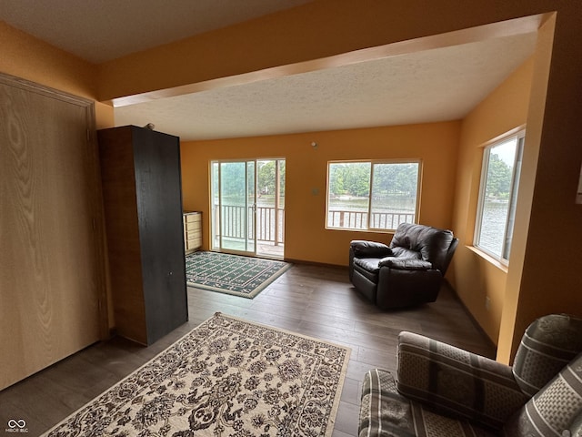 interior space featuring a textured ceiling and wood finished floors