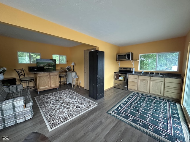 kitchen featuring stainless steel appliances, dark countertops, a sink, and dark wood-style floors