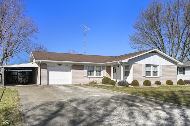 ranch-style house with driveway, a front yard, a garage, a carport, and brick siding