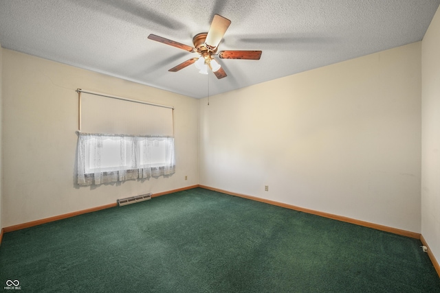 carpeted empty room featuring visible vents, ceiling fan, a textured ceiling, and baseboards