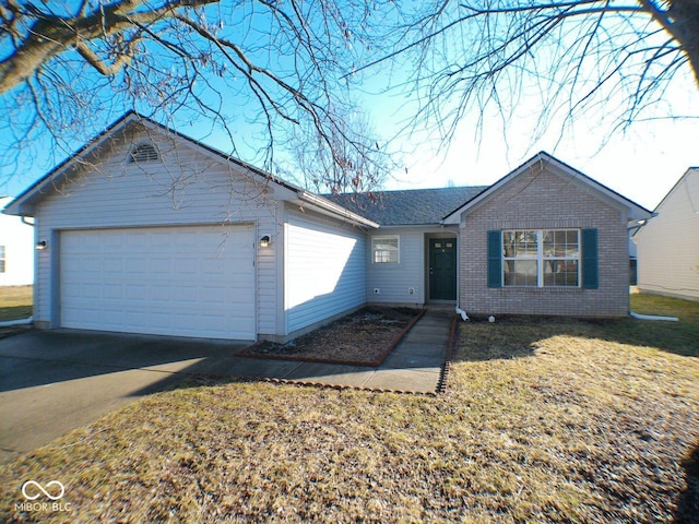 ranch-style house featuring concrete driveway, brick siding, an attached garage, and a front yard