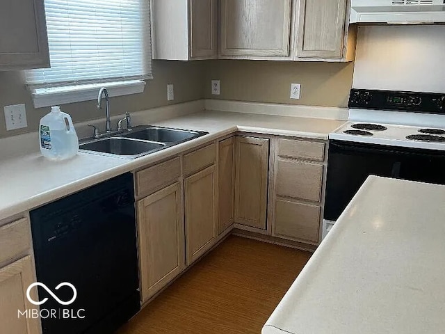 kitchen featuring black dishwasher, light countertops, a sink, range with electric cooktop, and extractor fan