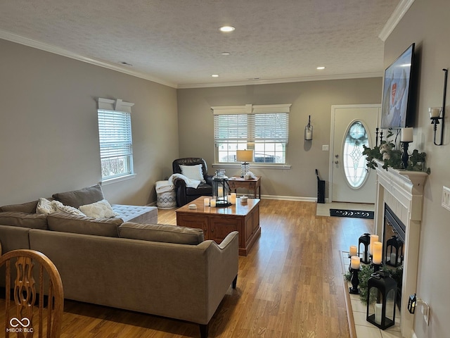 living area with light wood-type flooring, a textured ceiling, and ornamental molding