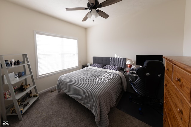 carpeted bedroom with ceiling fan