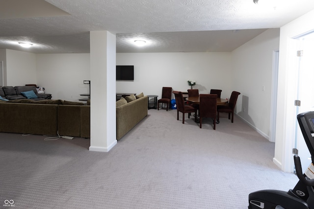 interior space featuring a textured ceiling, baseboards, and light carpet