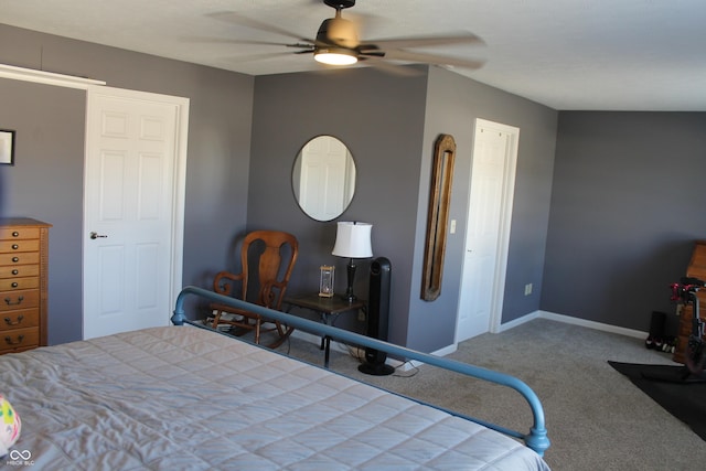 bedroom with carpet floors, a ceiling fan, and baseboards