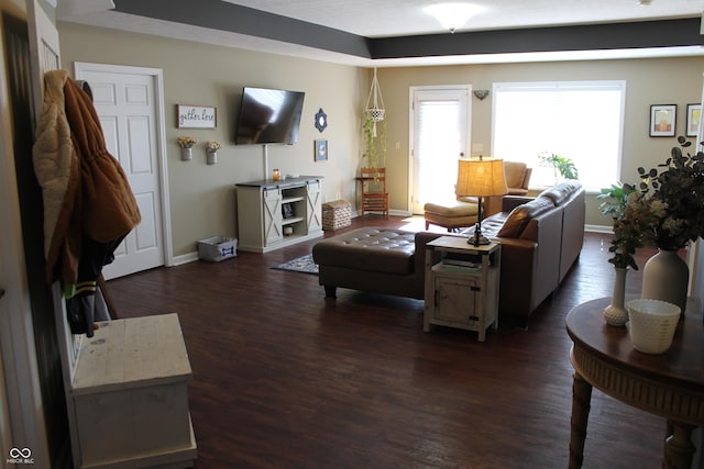 living area featuring dark wood finished floors and baseboards