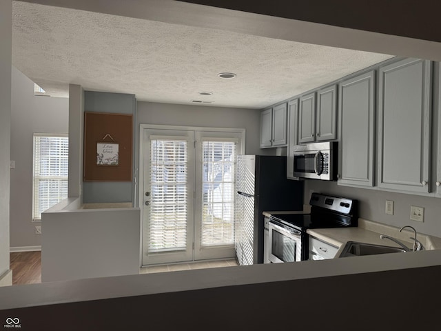 kitchen featuring light wood-type flooring, gray cabinets, a sink, a textured ceiling, and appliances with stainless steel finishes