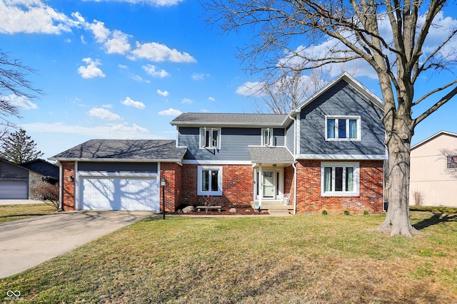 view of front of house featuring concrete driveway, brick siding, a garage, and a front yard