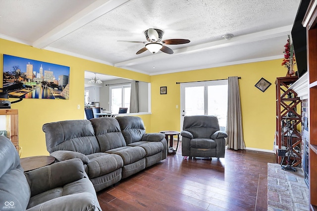 living room featuring dark wood-style floors, beamed ceiling, a ceiling fan, and a textured ceiling