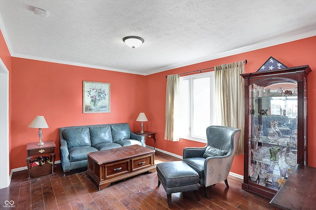 living room with wood finished floors, baseboards, and a textured ceiling