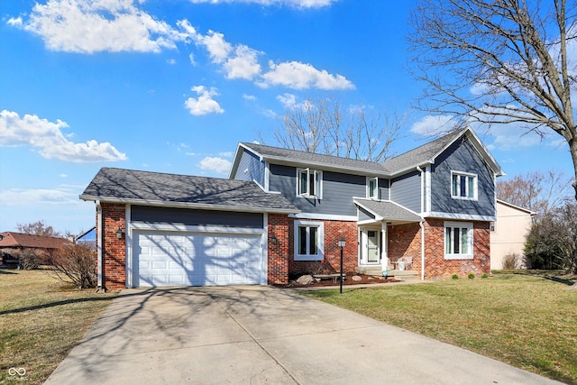 traditional home with brick siding, a front lawn, concrete driveway, and a garage