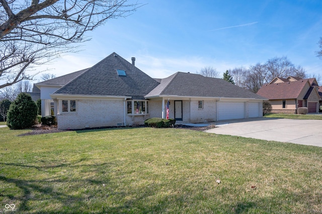 view of front of house featuring brick siding, a shingled roof, a front lawn, concrete driveway, and an attached garage