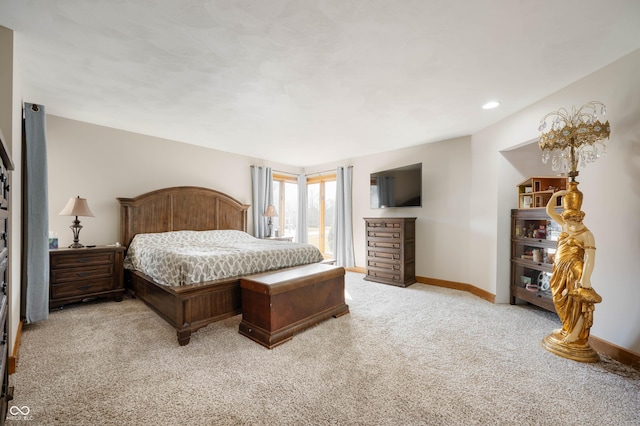 bedroom featuring recessed lighting, baseboards, and light colored carpet