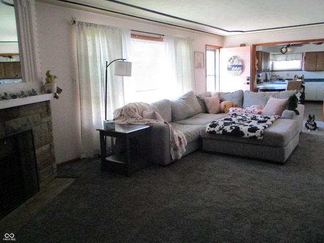 living room featuring carpet flooring and a fireplace