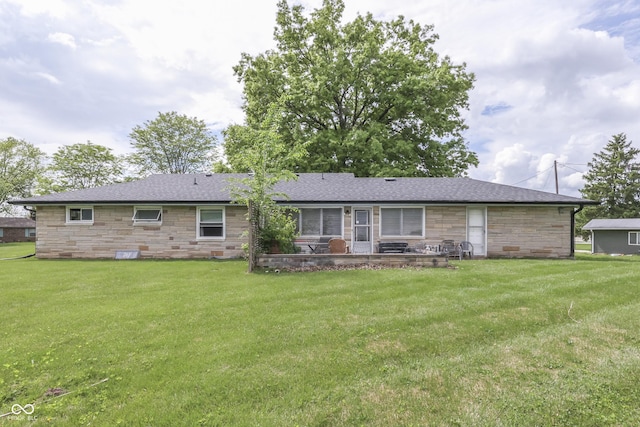 1459 S Josephine St, Martinsville, IN 46151 - rear view of property with stone siding, a yard, a patio, and a shingled roof