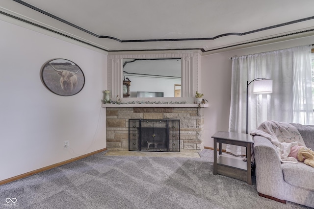 1459 S Josephine St, Martinsville, IN 46151 - living room featuring carpet floors, a stone fireplace, and baseboards