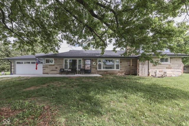 1459 S Josephine St, Martinsville, IN 46151 - single story home with stone siding, a front lawn, an attached garage, and a patio area