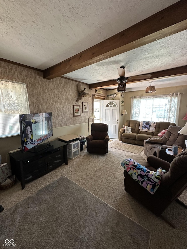 living room featuring beam ceiling, wainscoting, carpet floors, and a textured ceiling